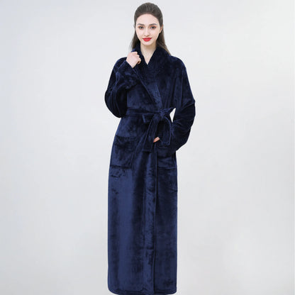 Thickened Long Ladies' Bathrobe Sleepwear Winter Warm Plush Robe Couple's Home Clothes Soft Flannel Material Comfortable Fit