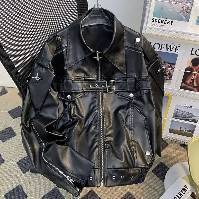 Mens High Street American Deconstructive Leather Jacket Winter Motorcycle Loose Cool Short Coat Motorcycle Jacket