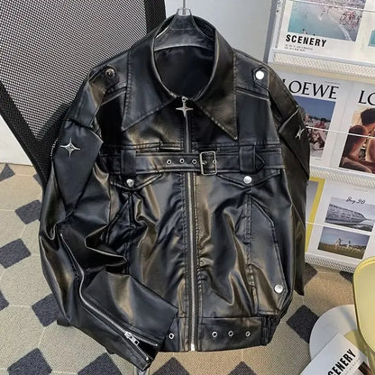Mens High Street American Deconstructive Leather Jacket Winter Motorcycle Loose Cool Short Coat Motorcycle Jacket