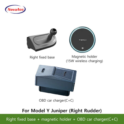 NovaAcc Magnetic Wireless Charging Mount For Tesla Model Y Juniper Model 3 Highland 2024-2026 Left Right Rudder Car Phone Holder