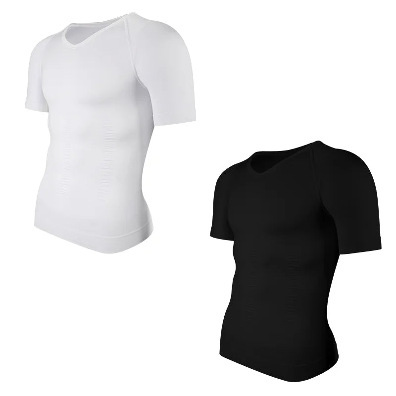 2PCS Men's Body Shaper Tummy Control Vest Slimming Shirt Compression Base Layer Slim Muscle Short Sleeve Breathable Shapewear