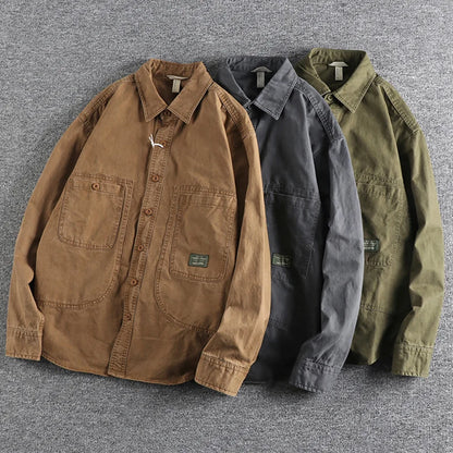 Classic Retro Work Shirt with Distressed and Heavy Washed Design, A Timeless Style for Everyday Wear
