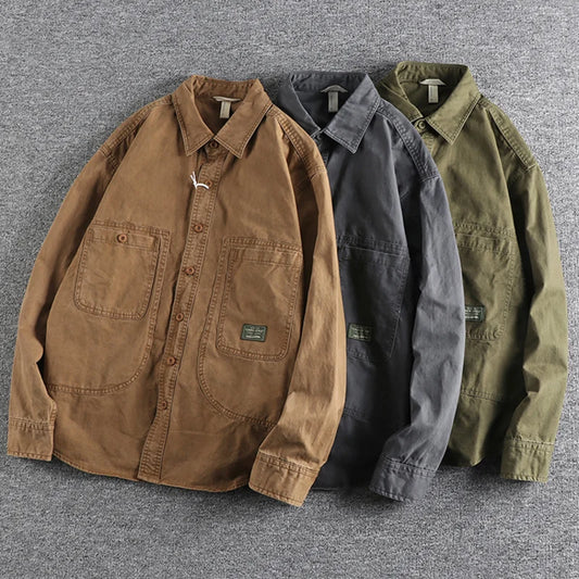 Classic Retro Work Shirt with Distressed and Heavy Washed Design, A Timeless Style for Everyday Wear