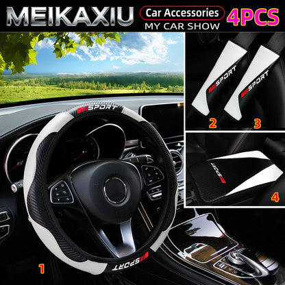 4PCS Carbon Fiber PU Leather Sport Car Steering Wheel Cover with Shoulder Guard And Armrest Pad Rimless Design for 37-38cm women