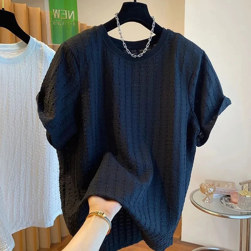 Short Sleeve T-Shirt Textured Summer Trendy High End Casual Handsome round Neck Half Loose Top Thin Cotton Women's Tee