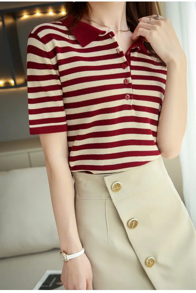 Women's Summer Cotton Yarn Knit Top, Polo Collar Striped Print Slim Fit Short Sleeve Pullover, Elegant Casual Wear
