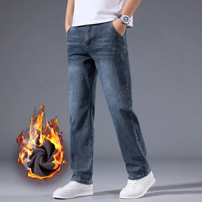 Elastic Business Jeans for Men's Fleece Thick Casual Warm Velvet Trousers Formal Office Daily Wear Plush Denim Trousers Men