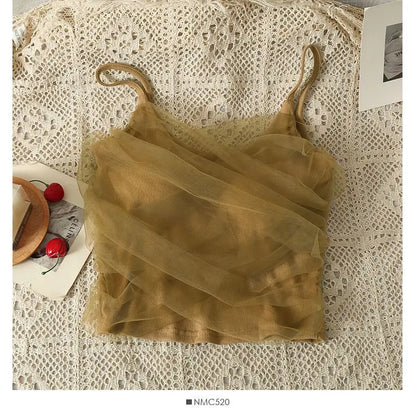 Sexy Mesh Splice Crop Top Backless Design Pure Color Strap Vest for Women Trendy Slimming Short Style Summer Fashion