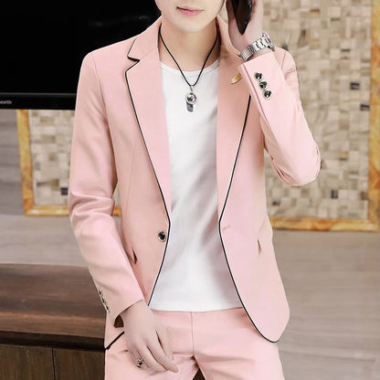 Spring 2025 Men's Slim-fit Korean Style Fashion Suit Set Youthful Handsome Two-piece Polyester Suits for Men