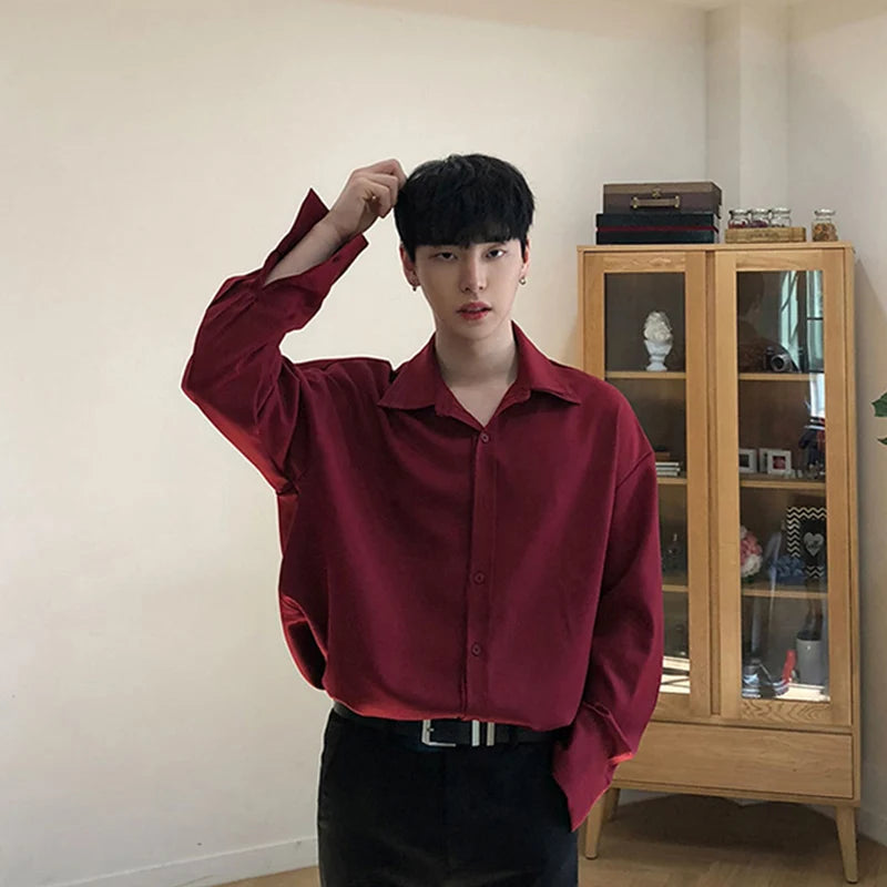 Double Collar Long Sleeve Shirt Men White Shirt Vintage Wine Red Shirts Men Korean Comfortable Blouse Casual Loose Lapel Shirt