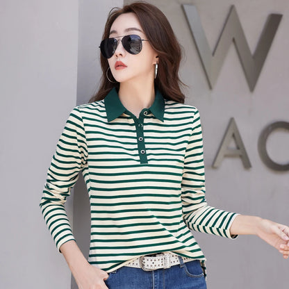 Korean Fashion Long Sleeve  Cotton Polo Shirt Women Stretch Plus Size  Autumn Slim Knitted Polo For Women Striped T shirt
