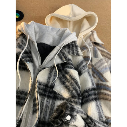American Fake Two Piece Checker Coat Men's Autumn and Winter New China-Chic Warm Retro Woolen Hoodie
