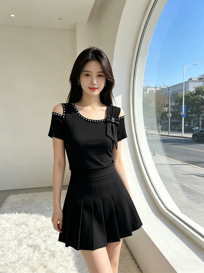 Summer New Off Shoulder Short sleeved T-shirt Korean Fashion Diamond Tops Slim Style Bowknot Women Shirt