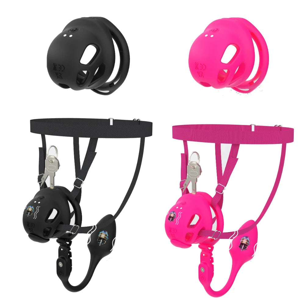 New Silicone Electroshock Chastity Cage with 6 Sized Rings for Men Urethral Lock Vibrating Butt Plug Penis CB Lock Adult Sex Toy