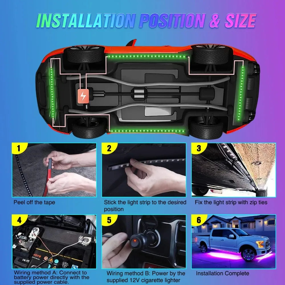 4Pcs RGB LED Underglow Strip Lights 252 LEDs Sound Active with Remote for Cars SUV Truck