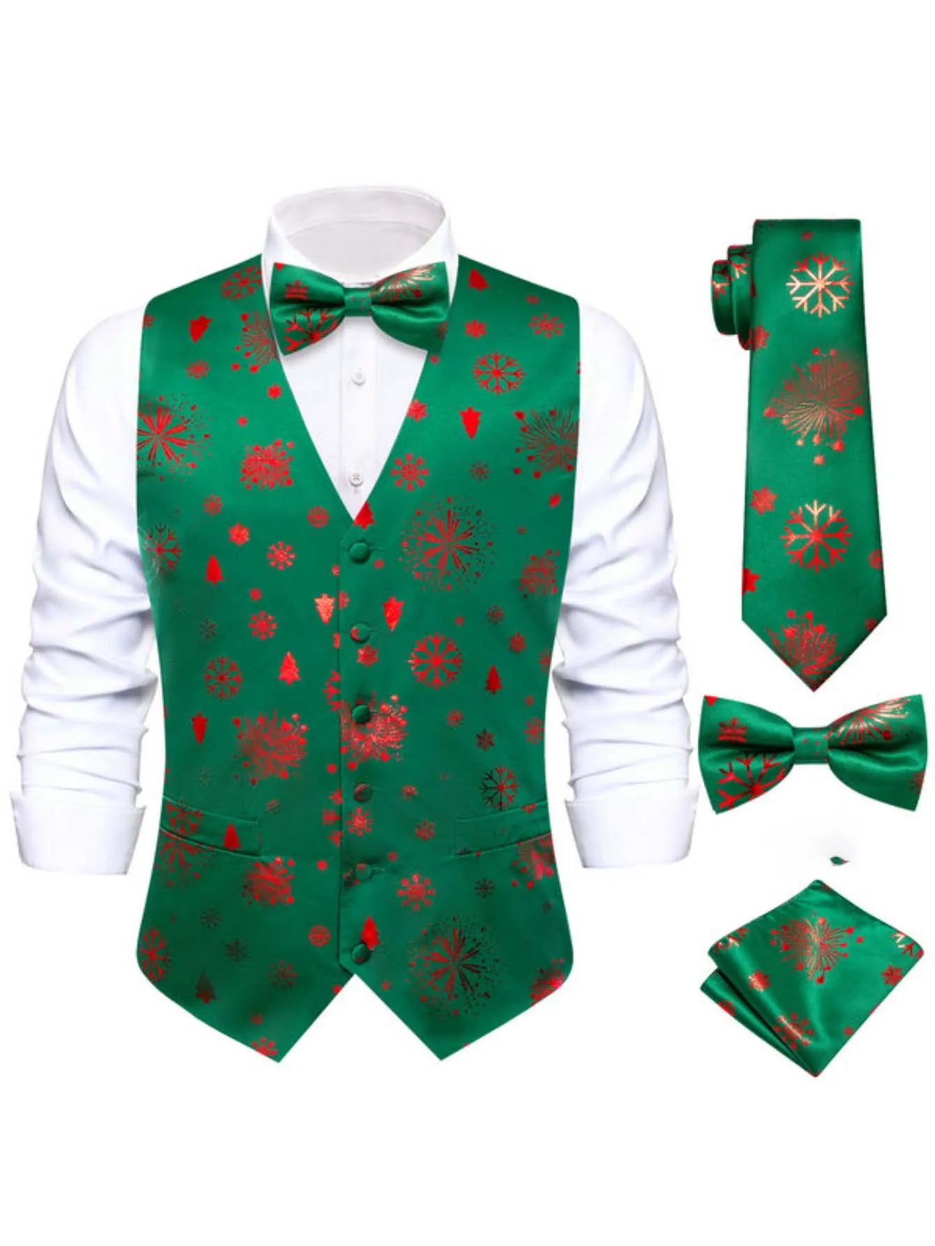 Men's Christmas Print Vest 4-Piece Set: Vest, Tie, Bow Tie & Pocket Square, Black, Red, Green for Holiday Parties