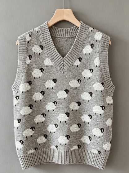 Women's plus size sheep pattern knitted vest, casual and elegant spring/summer style
