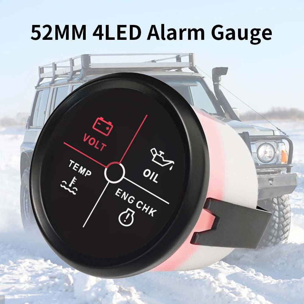 New 52mm 4 LED Alarm Gauge Meter Volt Water Temp Oil Pressure Alarm Indicator Gauge Meter with Red Backlight for Car Boat Yacht