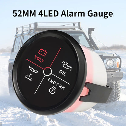 New 52mm 4 LED Alarm Gauge Meter Volt Water Temp Oil Pressure Alarm Indicator Gauge Meter with Red Backlight for Car Boat Yacht