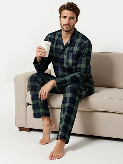 Mens Plaid Pajama Sets Sleep Pajamas for Men Pjs Set Soft Lounge Sleepwear Pj Bottoms with Pockets Pjs Shirts