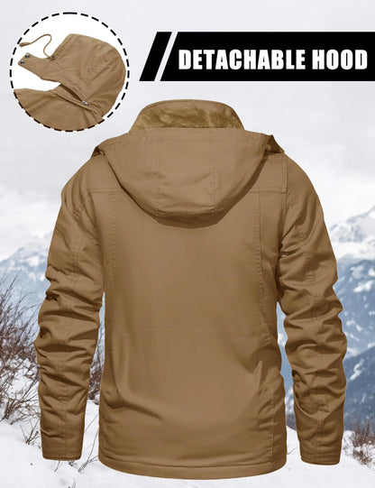 TACVASEN Mens Fleece Lined Winter Warm Jacket Detachable Hood With 6 Multi-Pocket Parka Coat Windproof Outdoor Hiking Daily Coat