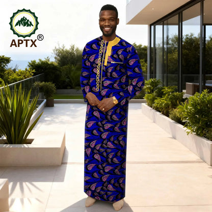 APTX Men's Traditional Muslim Robe 3-Pcs Set Long Sleeves African Dress Middle East Jubba Thobe Wedding Suit