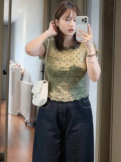 plus Size Women's American Retro Polka Dot Short Sleeve T-Shirt Slimming Top Wood Grain  Spring Summer New Style