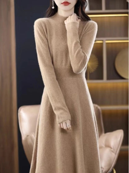 Women's Wool Knitted Mid-Length A-Line Dress Half High Collar Cashmere Base Dress Korean Style Commute Pure Color Winter Fashion