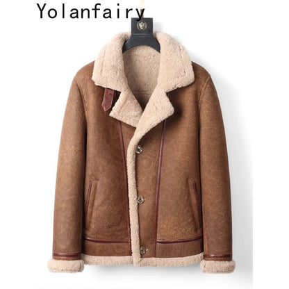 YOLANFAIRY Original Leather and Fur Integrated Coat Men's Sheepskin Jacket Motorcycle Jackets Male Winter Thick Fur Coats FC