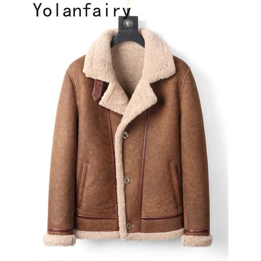 YOLANFAIRY Original Leather and Fur Integrated Coat Men's Sheepskin Jacket Motorcycle Jackets Male Winter Thick Fur Coats FC