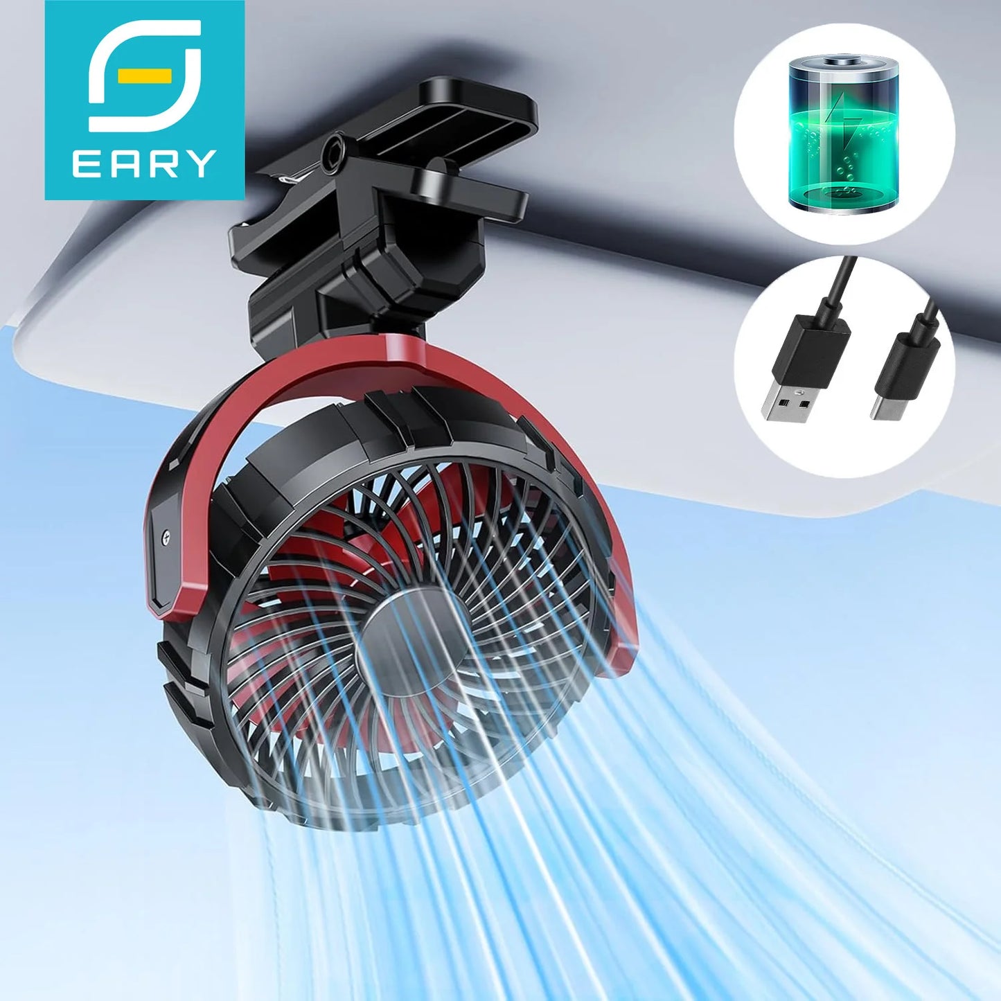 Eary Car Clip On Fan With 2000mAh Battery Usb Rechargeable Fan 900° Rotate Portable Air Cooling Fans Car Electronic Accessories