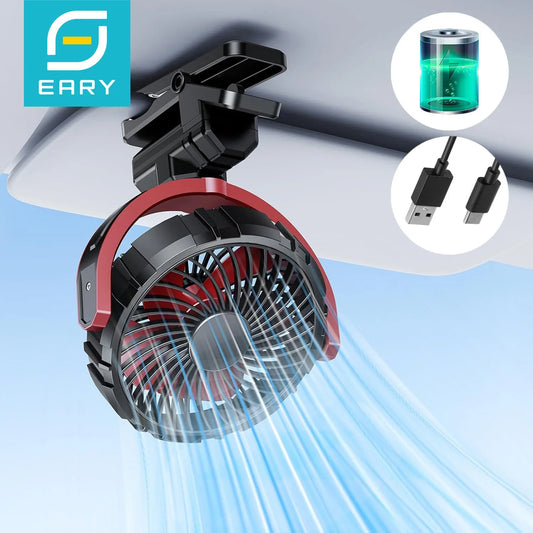 Eary Car Clip On Fan With 2000mAh Battery Usb Rechargeable Fan 900° Rotate Portable Air Cooling Fans Car Electronic Accessories