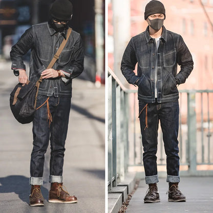 Maden Vintage 14oz Selvedge Raw Denim Jeans Horsehair Leather Patch Straight Fit Jeans Men's Spring and fall Paris Buckle Pants