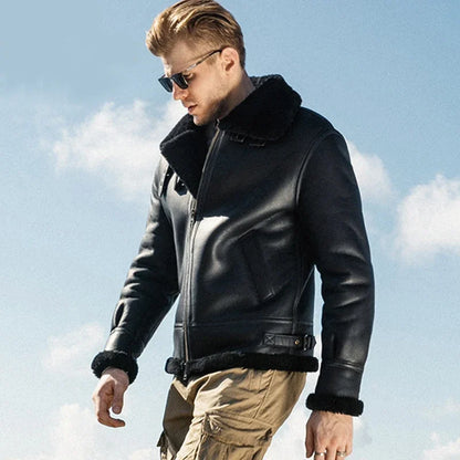 2025 Male Sheepskin Winter Aviator Genuine Leather Jacket Men's Bomber Flight Woolen Jackets Heavy Biker Parkas With Natural Fur