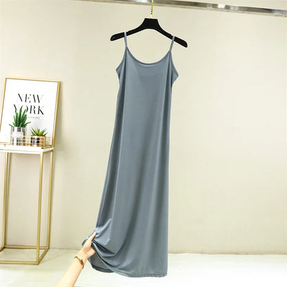 Summer Thin Ice Silk A-Line Dress Women's Casual Long Gown Inner Wear Vest Dress plus Size Korean Style Loose Waist Design