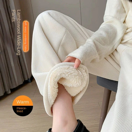 Autumn Winter Lamb Fleece White Thick Thick Wide Leg Pants Women Feel Loose High Waist White Straight Casual Pants Joggers Women