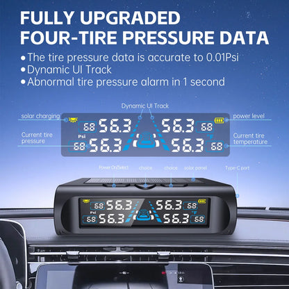Solar-Powered Tire Pressure Monitoring System Digital LCD Display 0-6.8 Bar Tire Pressure Gauge Car Tire Monitor Bring 4 Sensors