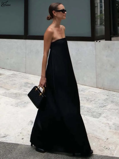 Oymimi Elegant Black Satin Womens Dresses Fashion Strapless Loose Solid Dresses Casual Simple Floor-Length Dress Female Clothing