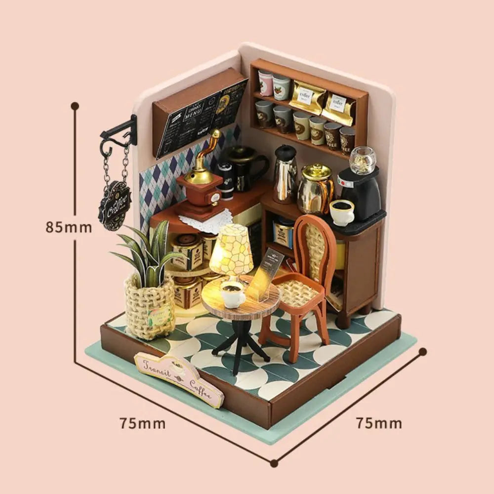 Handmade Coffee Shop Dollhouse Kit Wooden Material Assembly Required Wooden Assembly Mini Size 3D Design DIY 3D Puzzle