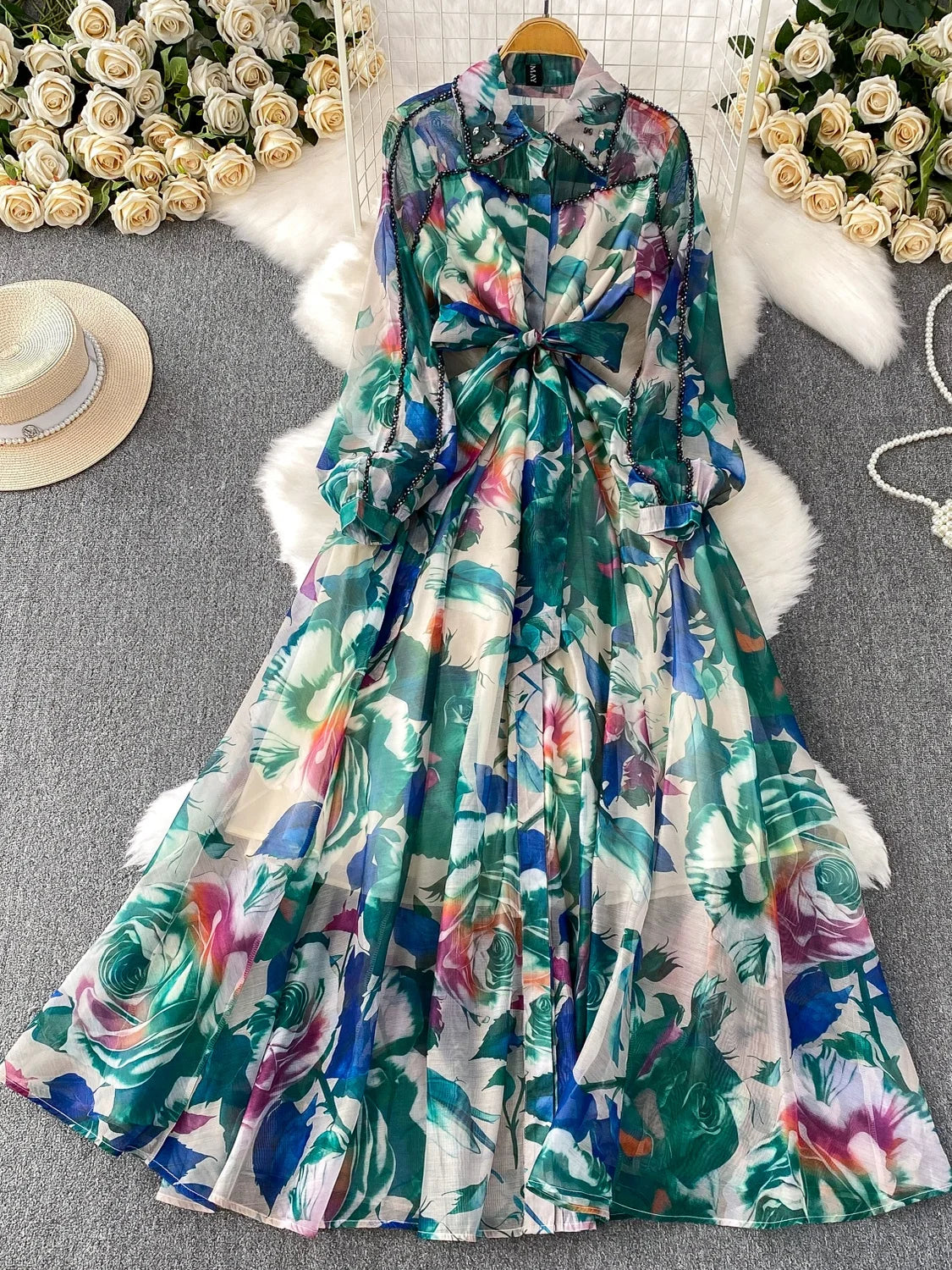 Gemstone Embedded Diamond Collar Dr Women's Autumn Slimming Beautiful Holiday Print Full Skirt Long Dr