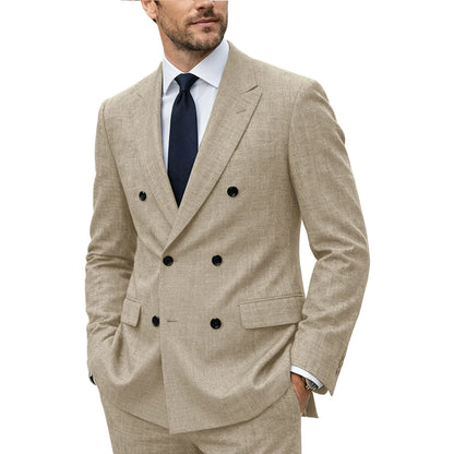 Men's Linen Suit Set  Double Breasted Slim Fit Peak Lapel Formal Blazer Pants Breathable Business Wedding Groom Tuxedo