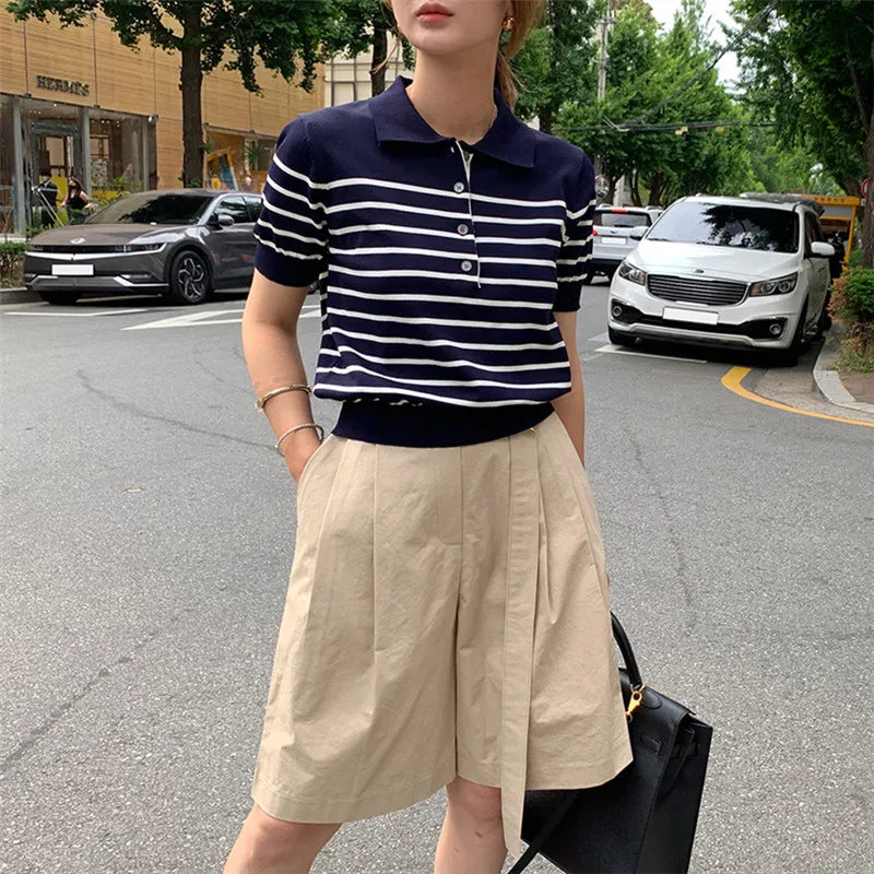 Women's POLO T-shirt Summer New Wool Knitted Short Sleeve Casual Striped Blouse Ladies' Clothes Lapel Pullover Tees Loose Tops