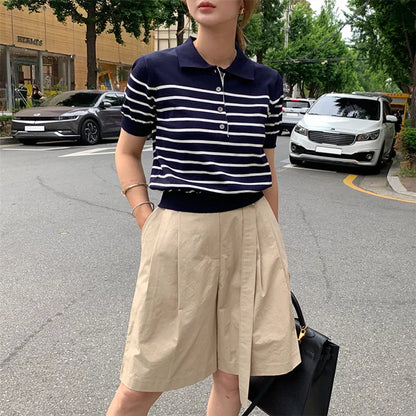 Women's POLO T-shirt Summer New Wool Knitted Short Sleeve Casual Striped Blouse Ladies' Clothes Lapel Pullover Tees Loose Tops