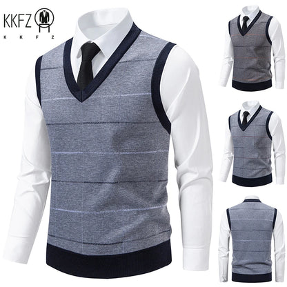 Men's V-Neck Knitted Sweater Diamond Grid Twisted Flower Casual Fashion Versatile Knit Top Autumn Winter