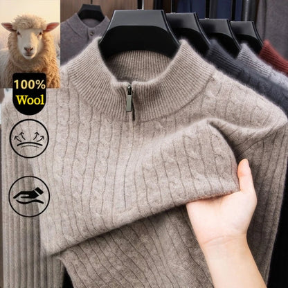 410g Pure Wool Sweater Men's, Thickened Anti-Pilling, Semi-Zip High Neck, Old Money Luxury Style
