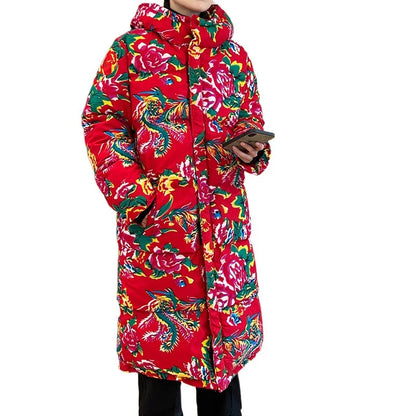 Thickened Long over Knee Hooded Fleece Lined Northeast Big Flower Coat Men's Cotton Jacket Youth Fashion Sport Scene Casual Coat