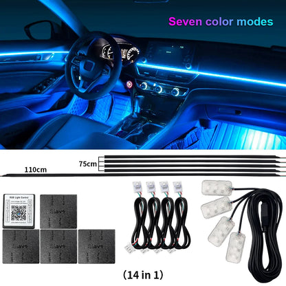 6/14/18 in 1 Led Acrylic Car Ambient Light RGB 64 213 Color Symphony Acrylic APP Streamer Rainbow Atmosphere Lamp Kit Dual Zone