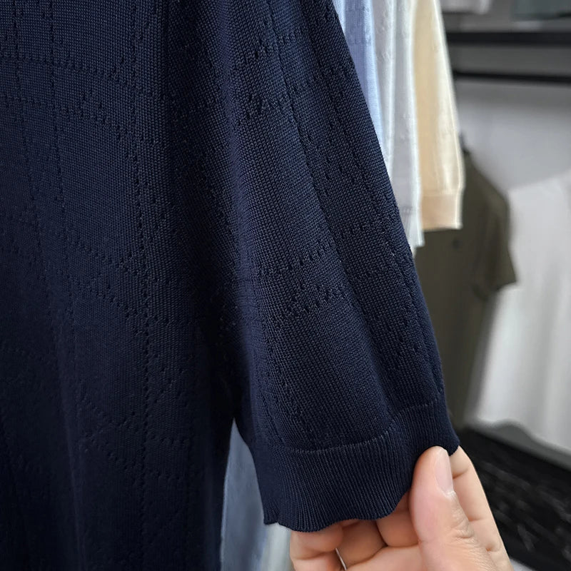 Summer Knitted Short-Sleeved Polo Shirt Lapel Button Argyle Pinhole Casual Breathable Old Money Style Solid Color Mens Clothing