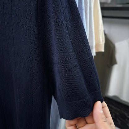 Summer Knitted Short-Sleeved Polo Shirt Lapel Button Argyle Pinhole Casual Breathable Old Money Style Solid Color Mens Clothing