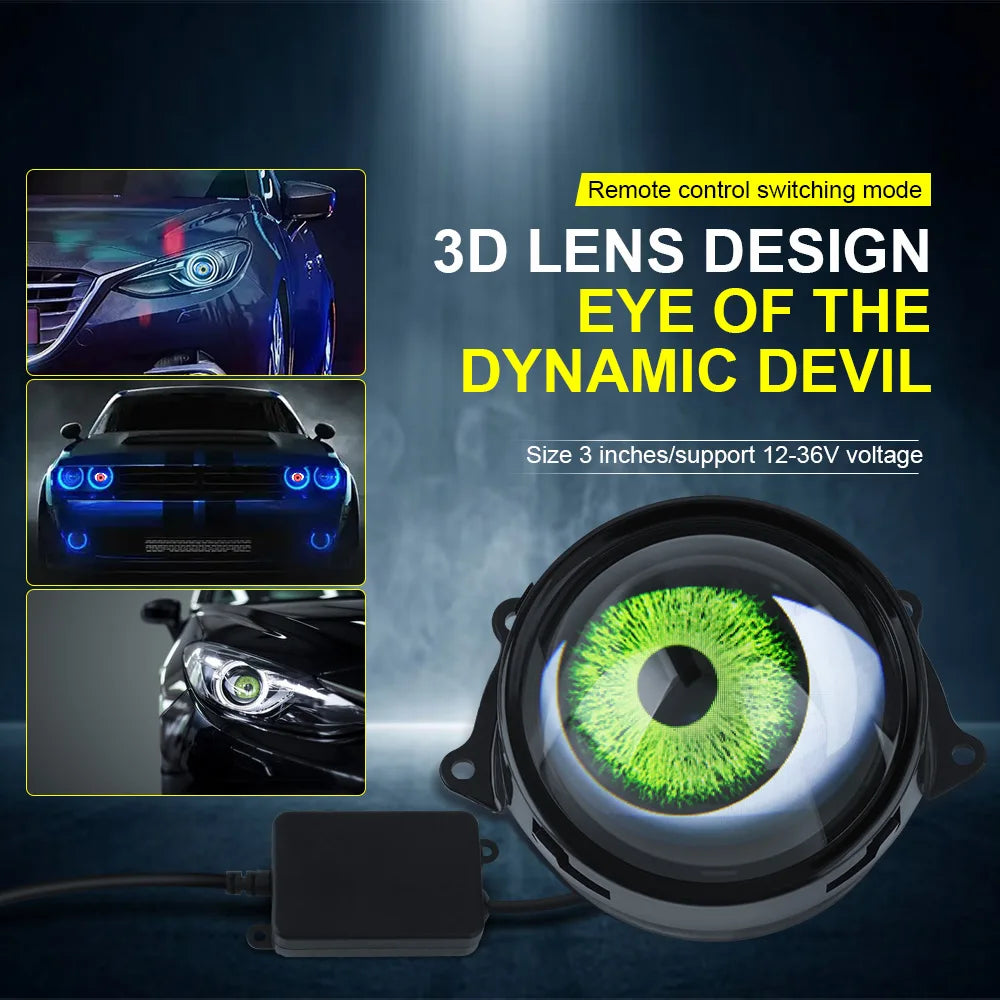 3-inch LED Car Dynamic Devil Eye 3D Lens 33 Mode Dynamic Pupils Remote Headlight Large Light Car Light Modification Eagle Eye